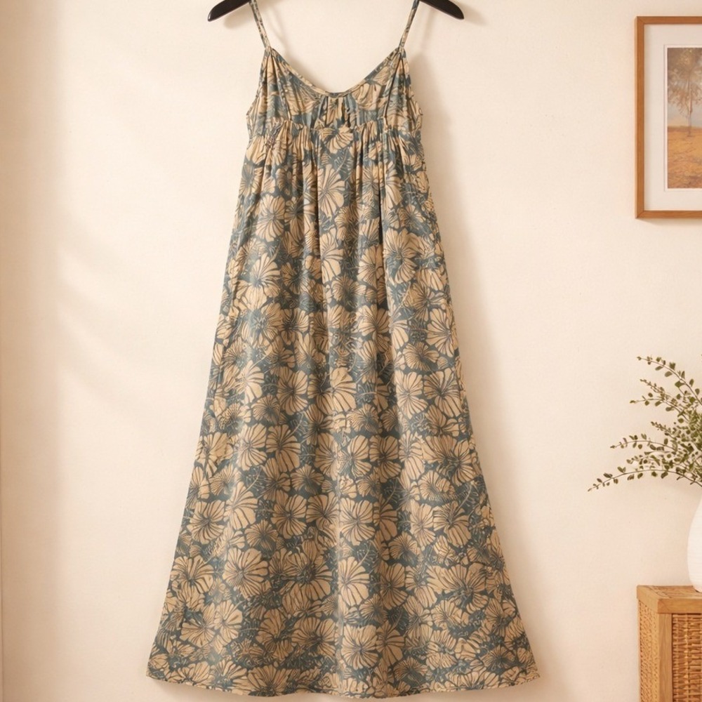 La Tropicale Maxi Dress Women One Size Blue Cream Excellent Hibiscus Floral Boho - Picture 2 of 6